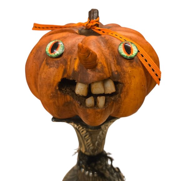 Halloween JOL Pumpkin OOAK Creepy Sculpture Jack O Lantern Teeth Assemblage Art - Picture 6 of 16